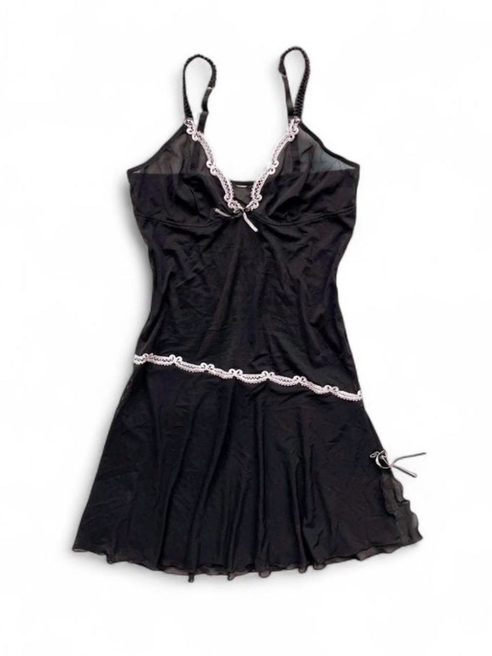 Vintage black coquette fairy bow babydoll lace trim chemise